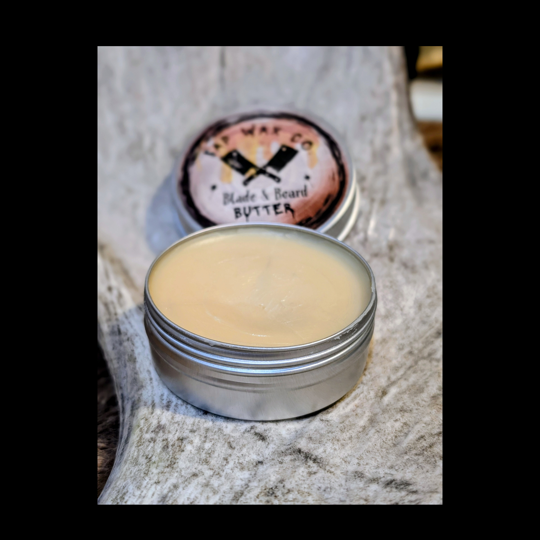 Metal tin yellowish substance within it. SAP WAX CO. Blade and board butter open display