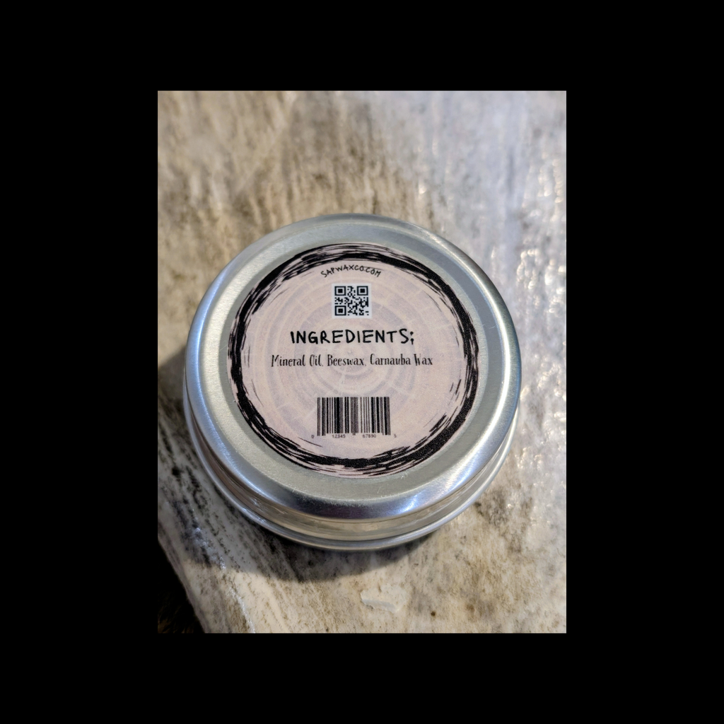 Back of Tin, Ingredients list SAP WAX CO. Blade and Board Butter