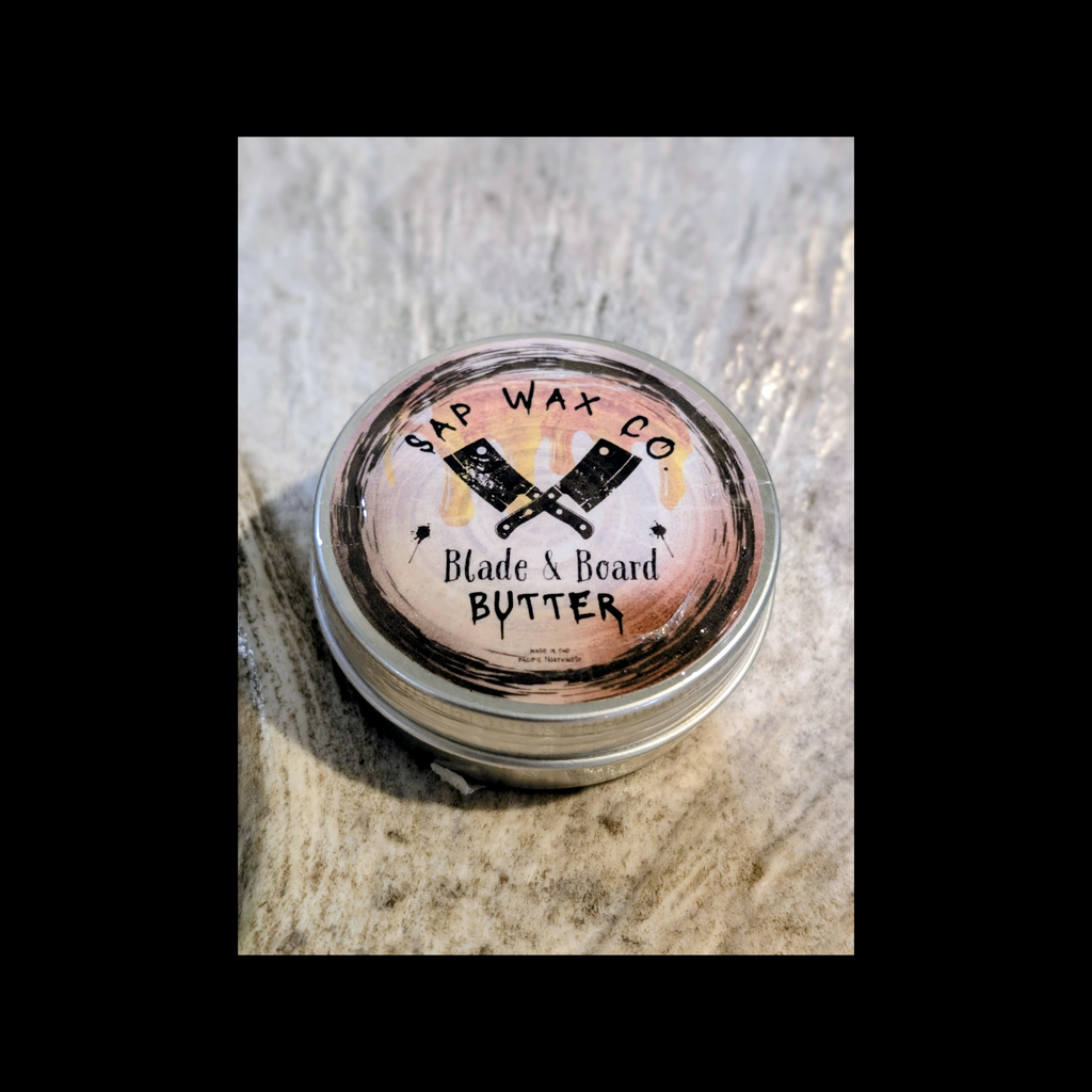 Tin of SAP WAX CO. Blade  and Board Butter. 2 oz. rust prevention/ wood conditioner
knife wax
blade care